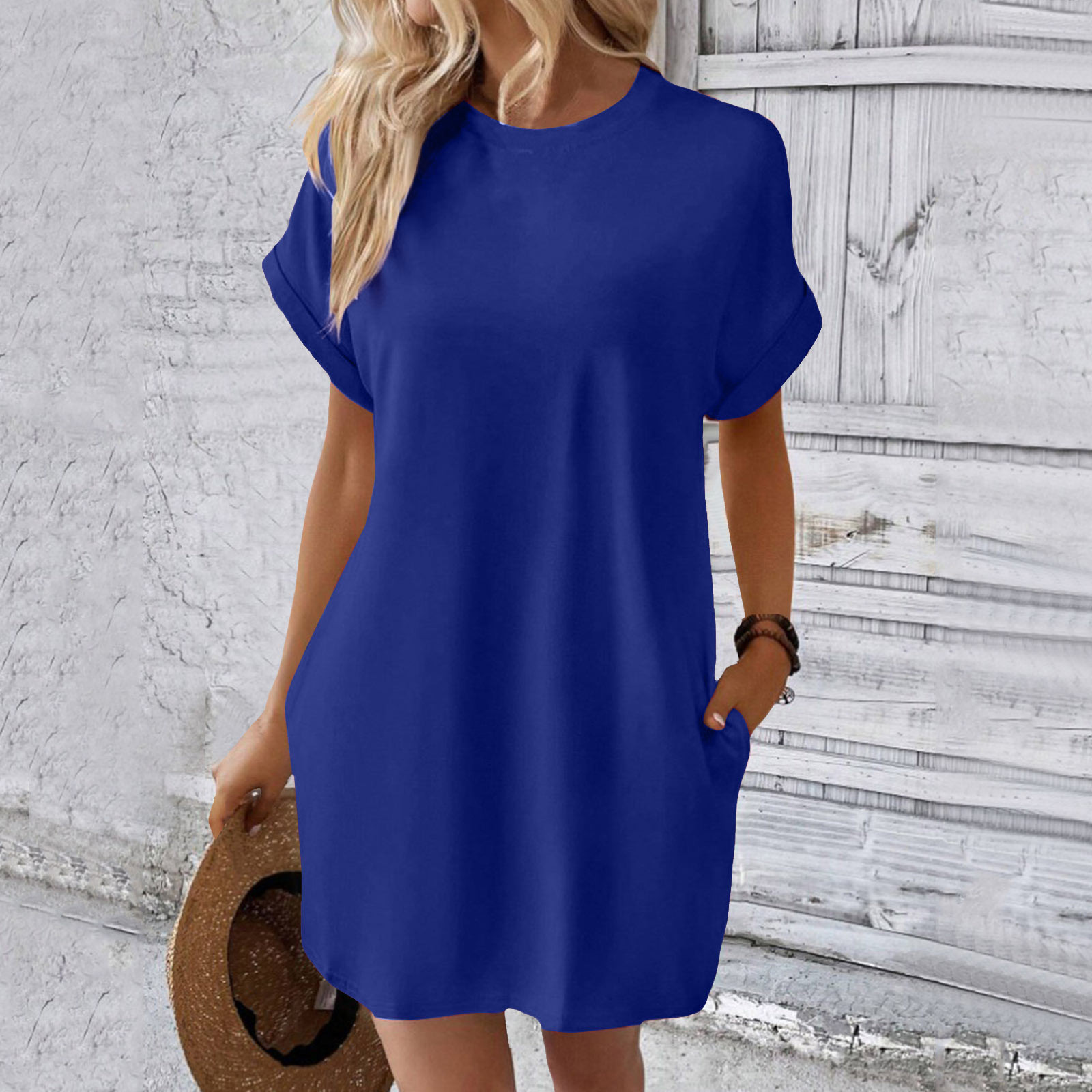 thumbnail image 3 of Vestido camiseta suave de manga corta holgado con bolsillos para mujer - Poliéster spandex, informal de verano - S-XXL, 3 of 7